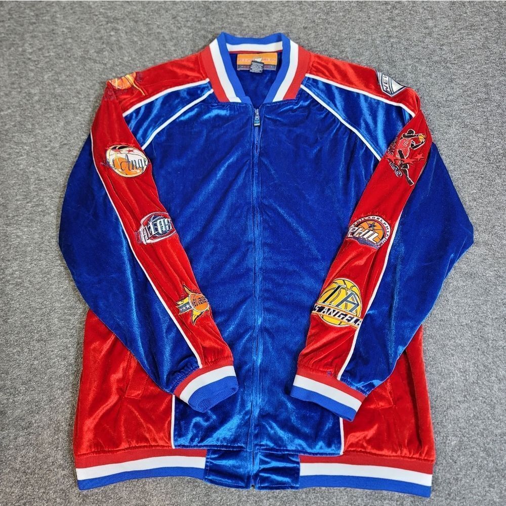 Vtg Veezo Wear NBA Patch Jacket L Blue Red Velour Track League Logos Rap Hip Hop